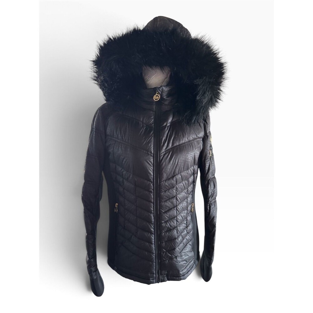Michael Kors Black Quilted Hooded Puffer Jacket with Faux Fur Trim